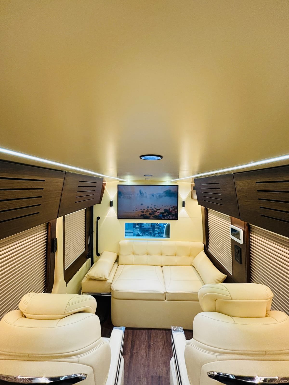 Caravan TV unit and front sofa